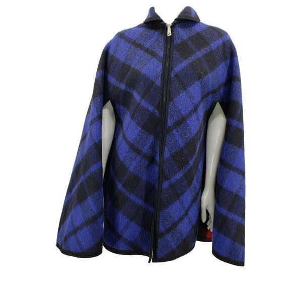Vintage Reversible Poncho Cape Red Blue Plaid Blanket Cape Jacket Womens OS - Picture 2 of 5